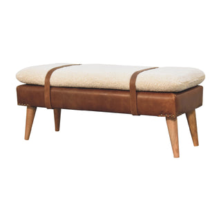 Breva Entryway Bench Cream Boucle Seat Mid-Brown Leather Central Buckle Natural Oak Legs - side angle view