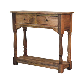 Side angle view of Briar Console Table with Drawers Distressed Mango Wood Turned Legs