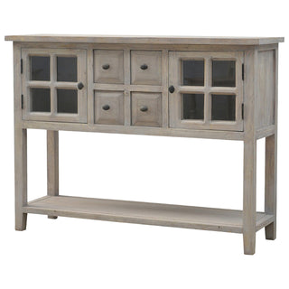 Side angle view of Briar Console Table with Drawers Glazed Cabinet Doors Stone Wash Mango Wood