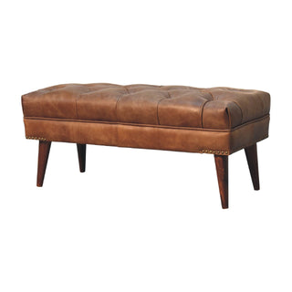 Side angle view of Bridle Hallway Bench Brown Buffalo Leather Button Tufted Antique Brass Studs Chestnut Legs