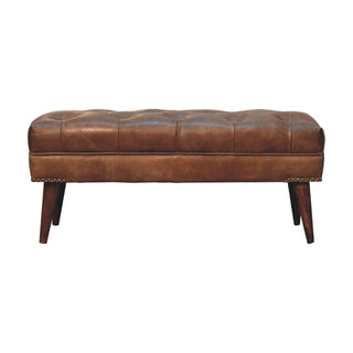 Front view of Bridle Hallway Bench Brown Buffalo Leather Button Tufted Antique Brass Studs Chestnut Legs