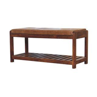 Side angle view of Brixo Hallway Shoe Bench Tan Buffalo Leather Seat Slatted Lower Shelf Block Feet