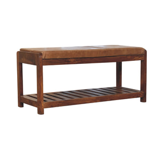 Front view of Brixo Hallway Shoe Bench Tan Buffalo Leather Seat Slatted Lower Shelf Block Feet