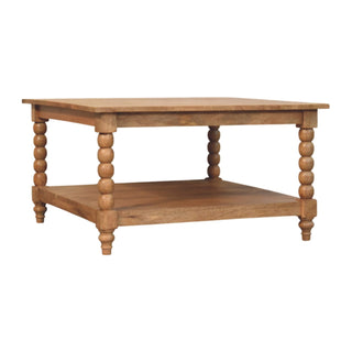 Front view of Brock Square Coffee Table Solid Mango Wood Bobbin Turned Legs Lower Shelf Golden Teak