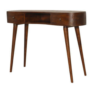 Bronte Writing Desk Mango Wood Wave-Shaped Top Dual Mini Drawers Chestnut - side angle view