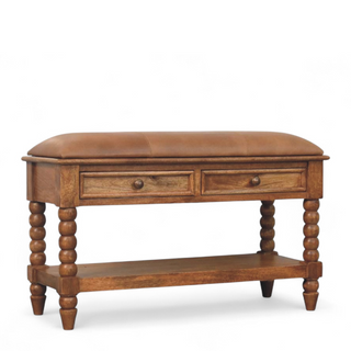 Angled view of Brown Leather and Solid Wood Spindle Bench with solid wood brown leather