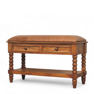 Side view of Brown Leather and Solid Wood Spindle Bench with solid wood brown leather