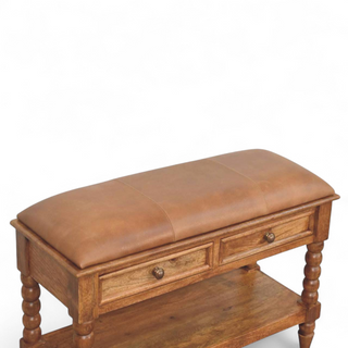 Back view of Brown Leather and Solid Wood Spindle Bench with solid wood brown leather