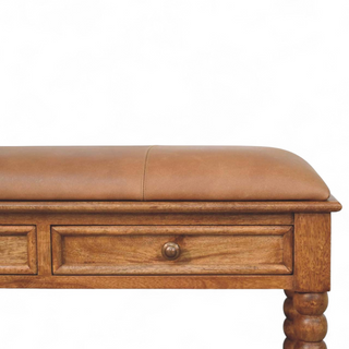 Close-up of fabric texture on Brown Leather and Solid Wood Spindle Bench