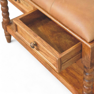 Seat detail view of Brown Leather and Solid Wood Spindle Bench with solid wood brown leather