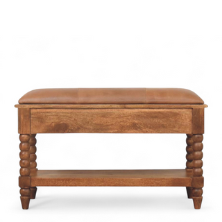 Rear angle view of Brown Leather and Solid Wood Spindle Bench with solid wood brown leather