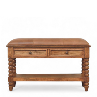 Front view of Brown Leather and Solid Wood Spindle Bench with solid wood brown leather