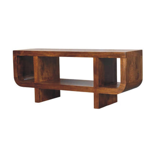 Side angle view of Brynn Media Unit Chestnut Finish Curved Open Shelf Block Feet