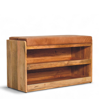 Angled view of Buffalo Hide and Oak Finish Pull-Out Shoe Storage Bench