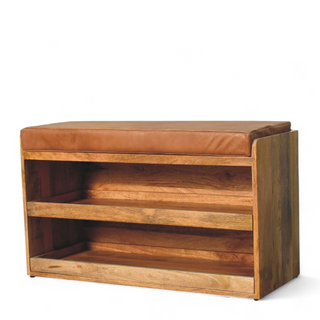 Side view of Buffalo Hide and Oak Finish Pull-Out Shoe Storage Bench, showing the seat, legs and furniture silhouette