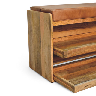 Back view of Buffalo Hide and Oak Finish Pull-Out Shoe Storage Bench, showing the seat, legs and furniture silhouette