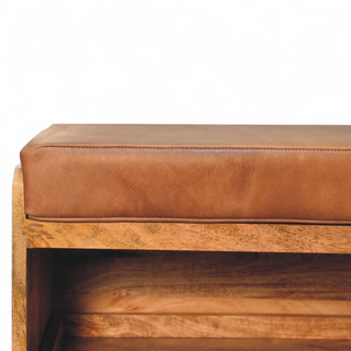 Close-up of finish detail on Buffalo Hide and Oak Finish Pull-Out Shoe Storage Bench