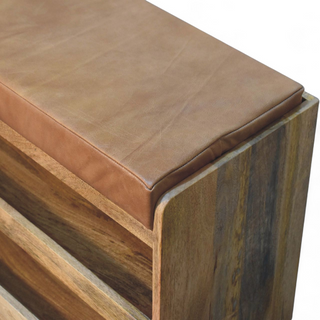 Leg detail view of Buffalo Hide and Oak Finish Pull-Out Shoe Storage Bench
