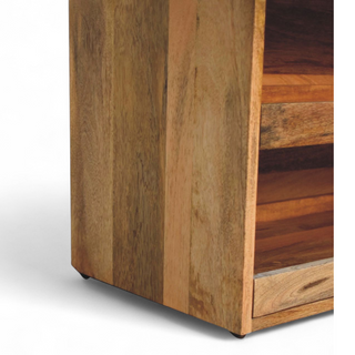 Seat detail view of Buffalo Hide and Oak Finish Pull-Out Shoe Storage Bench