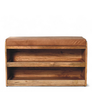 Front view of Buffalo Hide and Oak Finish Pull-Out Shoe Storage Bench, showing the seat, legs and furniture silhouette