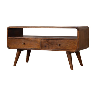 Side angle view of Cable Media Unit Chestnut Mango Wood Curved Body Twin Drawers Built-in Cable Access with Scandi Legs