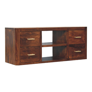 Caden Media Unit – Chestnut – rear view showing chestnut construction and open shelf