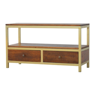 Side angle view of Caden Media Unit Chestnut Mango Wood Twin Drawers with Gold Metal Frame Base and Open Shelf