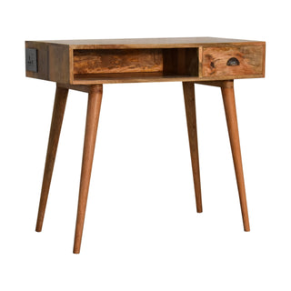 Side angle view of Caden Writing Desk Mango Wood Shell Handle Drawer with Cable Management
