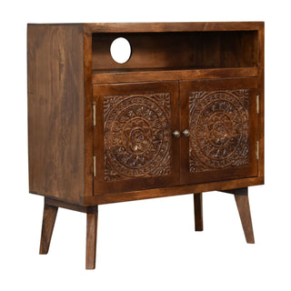 Side angle view of Calam Display Cabinet Open Shelf Mandala Carved Twin-Door Chestnut