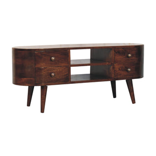 Side angle view of Cali Media Unit California Walnut Mango Wood Rounded Asymmetric Body Four Drawers with Nordic Legs