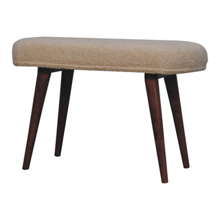 Angled view of Camel Upholstered Bench Honey Caramel bouclé Smooth Oval Seat Near-Black Nordic Legs