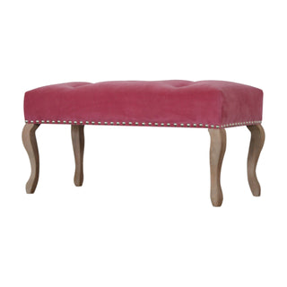 Angled view of Camille Bedroom Bench Pink Velvet Button Tufted Antique Brass Studs French Cabriole Legs