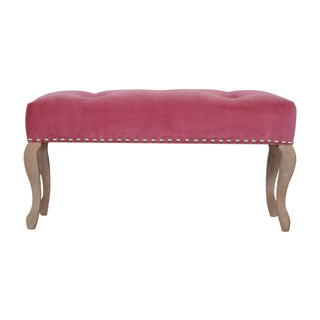 Front view of Camille Bedroom Bench Pink Velvet Button Tufted Antique Brass Studs French Cabriole Legs