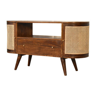 Side angle view of Cana Media Unit Chestnut Mango Wood Natural Rattan Woven Cabinet Doors with Nordic Tapered Legs