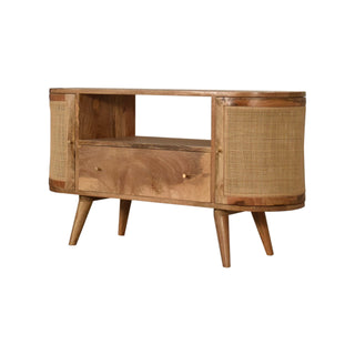 Side angle view of Canna Media Unit Natural Oak Mango Wood Rounded Cane Woven Cabinet Doors with Nordic Tapered Legs