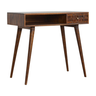 Side angle view of Caspar Writing Desk Mango Wood Tile-Carved Drawer Dark Chestnut with Brass Knob