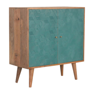 Side angle view of Caspian Display Cabinet Teal Blue 3D Geometric Cube Relief Twin-Door Oak Frame