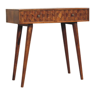 Side angle view of Cayo Console Table with Drawers Hand-Carved Pineapple Chestnut Mango