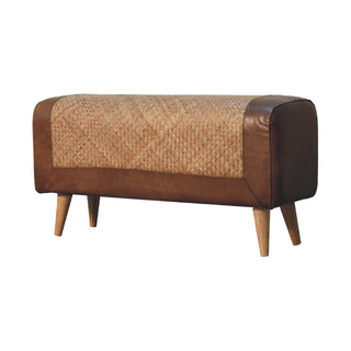 Front view of Cayo Hallway Bench Seagrass Woven Panel Buffalo Hide Leather Rim Chestnut Nordic Legs