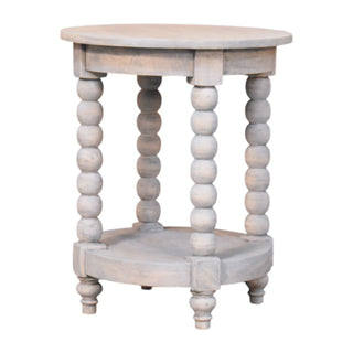 Side angle view of Celia Round Side Table Bobbin Legs Circular Shelf Acid Wash Mango Wood