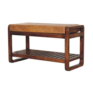 Side angle view of Celo Compact Hallway Bench Tan Buffalo Leather Slatted Shelf Rounded Frame Chestnut