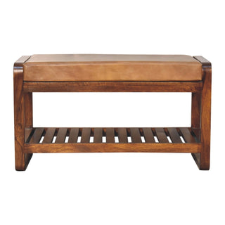 Front view of Celo Compact Hallway Bench Tan Buffalo Leather Slatted Shelf Rounded Frame Chestnut