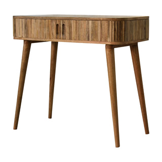 Side angle view of Celo Hallway Console Table Mixed Wood Pattern Cut-Out Handles
