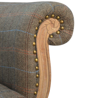 Angled view of Cheshire Accent Chair Multi Tweed Antique Studded Chantilly Cabriole