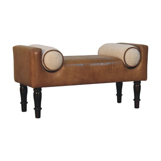 Side angle view of Chester Hallway Bench Tan Buffalo Leather bouclé Bolster Cushions Turned Dark Walnut Legs