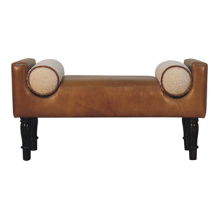 Front view of Chester Hallway Bench Tan Buffalo Leather bouclé Bolster Cushions Turned Dark Walnut Legs