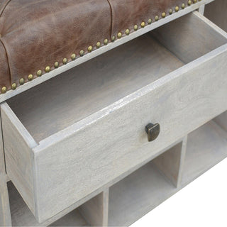 Side angle view of Chester Shoe Storage Cabinet Bench Tufted Tweed Seat Open Cubbies Grey-Wash