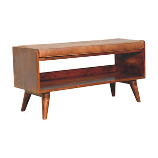 Side angle view of Chestnut Bench with Brown Leather Seatpad with chestnut brown leather