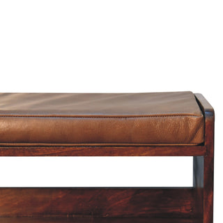 Close-up of fabric texture on Chestnut Bench with Brown Leather Seatpad