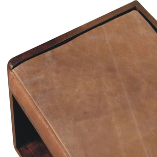 Finish detail view of Chestnut Bench with Brown Leather Seatpad with chestnut brown leather